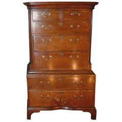 Small George II Oak Chest on Chest with Concave Starburst Inlaid Panel