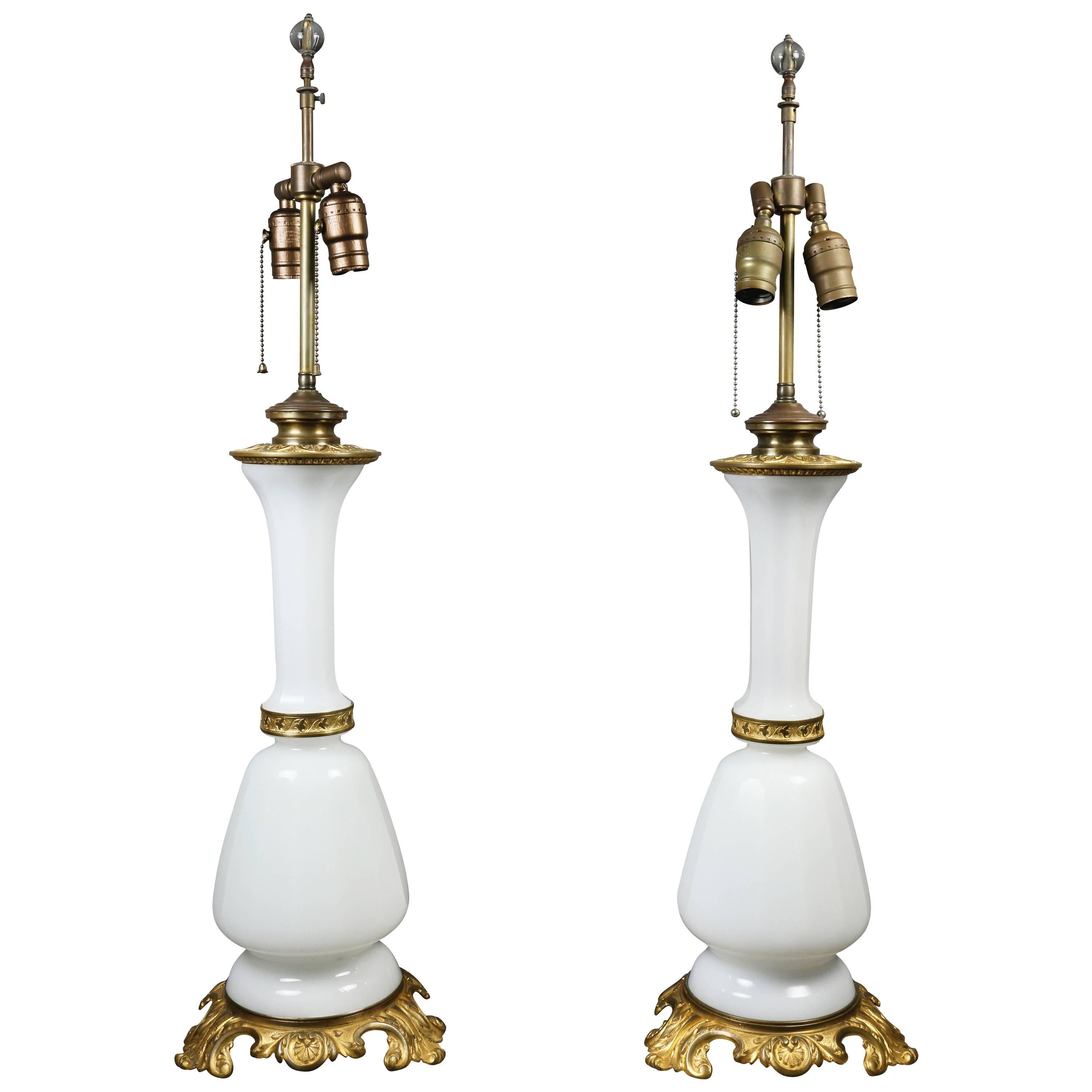 Pair of Victorian Opaline Glass and Gilded Brass Table Lamps