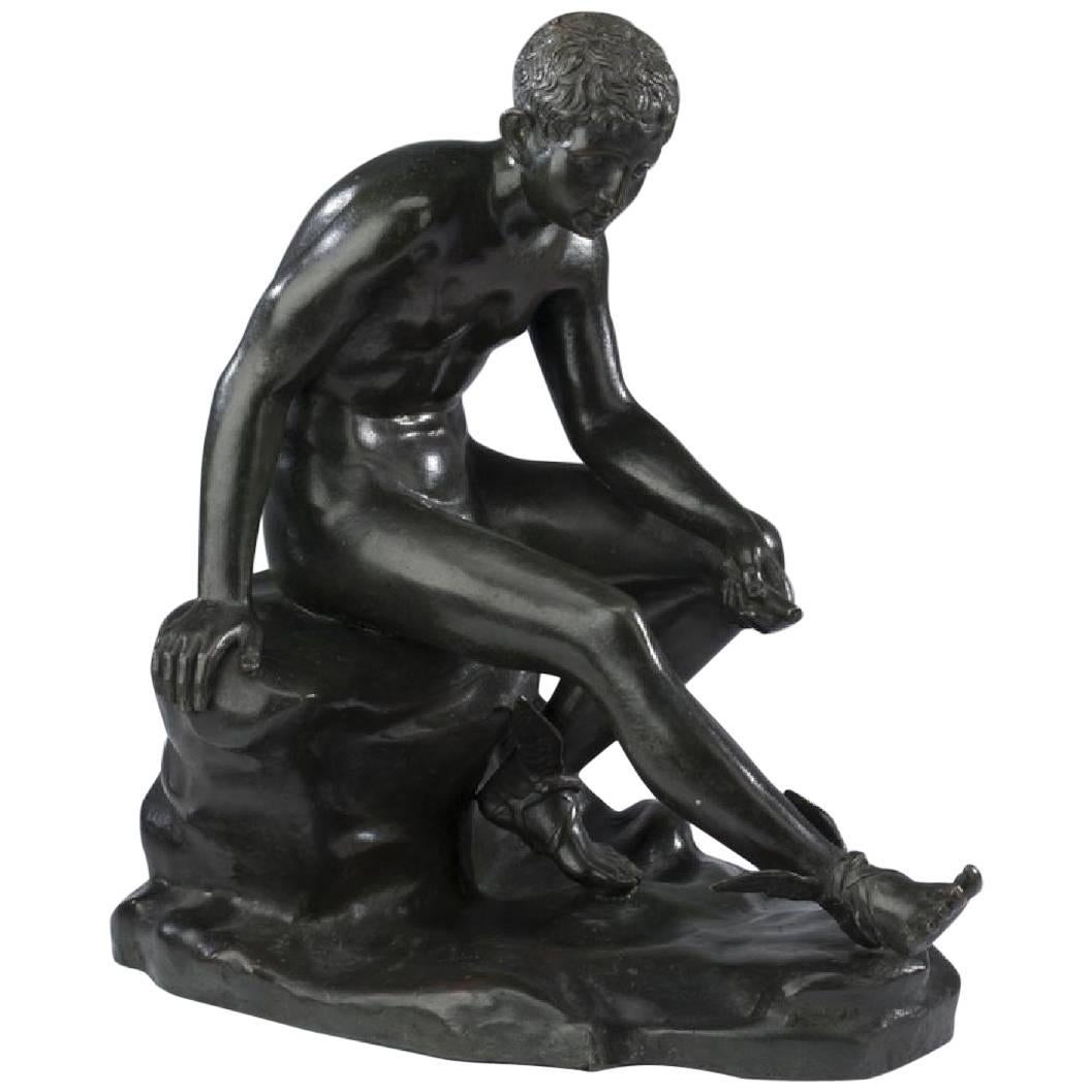 Large 20th Century Bronze Sculpture of Seated Hermes Figure with Winged Sandals For Sale