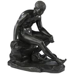 Large 20th Century Bronze Sculpture of Seated Hermes Figure with Winged Sandals