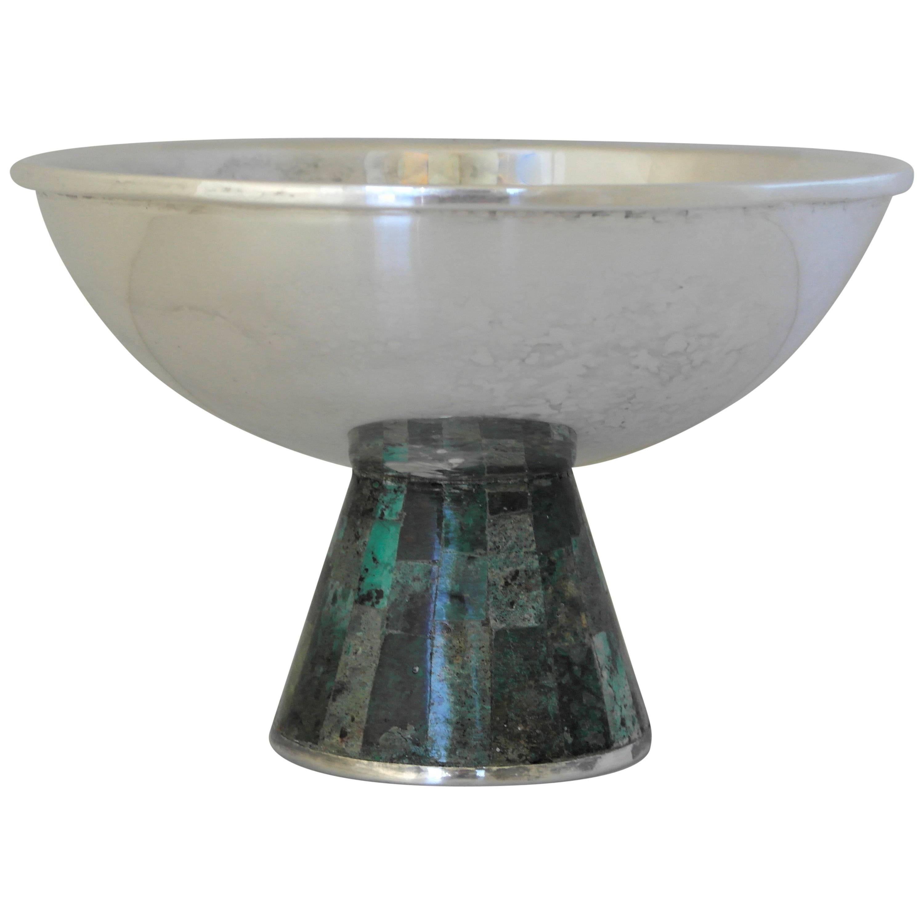 SUBLIME Los Castillo Silver Plate & Azur Malachite Pedestal Bowl 1955