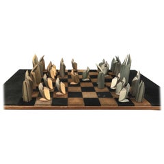 Mid-Century Modern Bronze and Suede Chess Set, Cubist, Art Deco