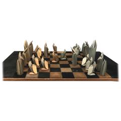 Mid-Century Modern Bronze and Suede Chess Set, Cubist, Art Deco 8