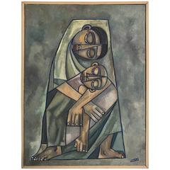 Modernist Oil on Canvas, "Mother and Child", Jorge Castillo, cubist, ollitsac