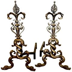 Stunning Pair of Large 20th Century Iron and Steel Baroque Dolphin Andirons