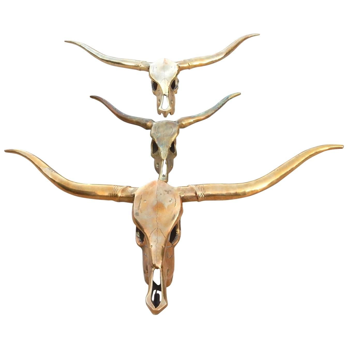 Hollywood Regency Brass Longhorn Steer Skull Sculptures, circa 1970s
