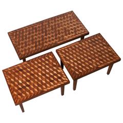 Geometric Marquetry Coffee Table and Side Table Set in the Style of M.C. Escher