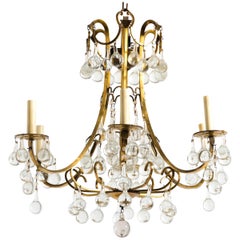 Brass and Crystal Ball Chandelier Labeled Belgium