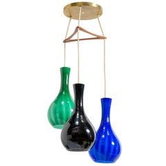 Danish Multicolored Glass Staggered Three Pendant Chandelier