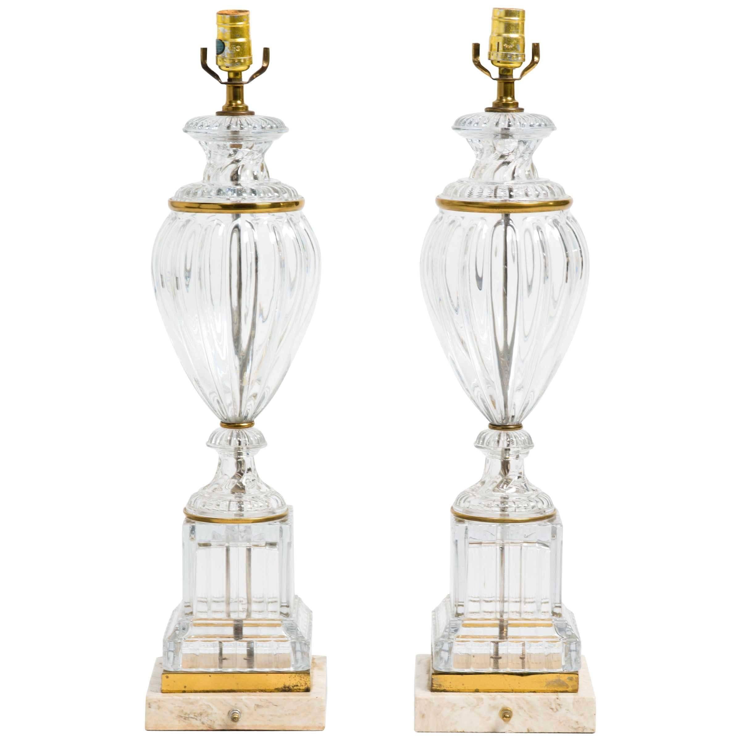 Pair of Large Classical Glass Table Lamps with Brass Accents