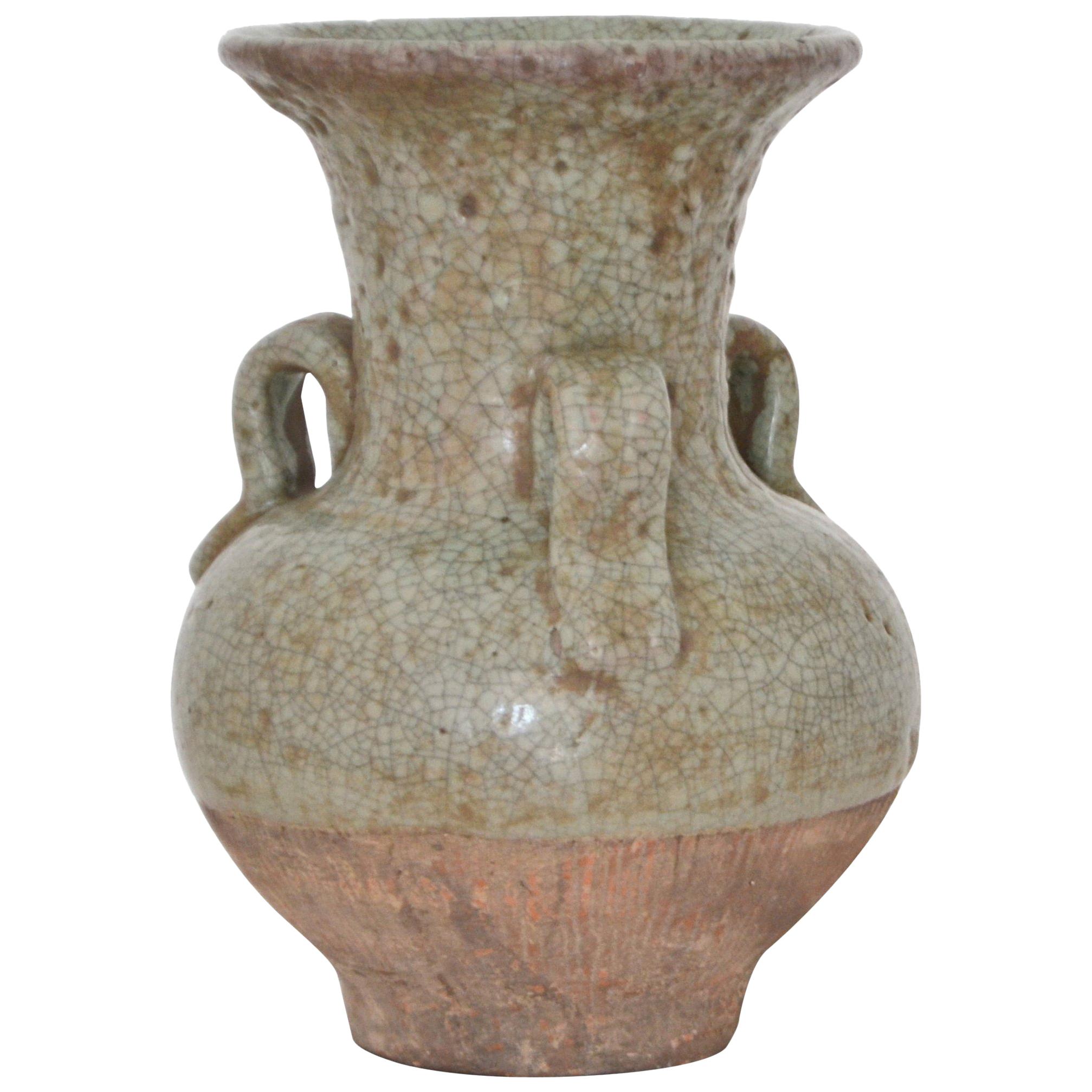 Asian Celadon Crackle Glazed Ceramic Vase For Sale