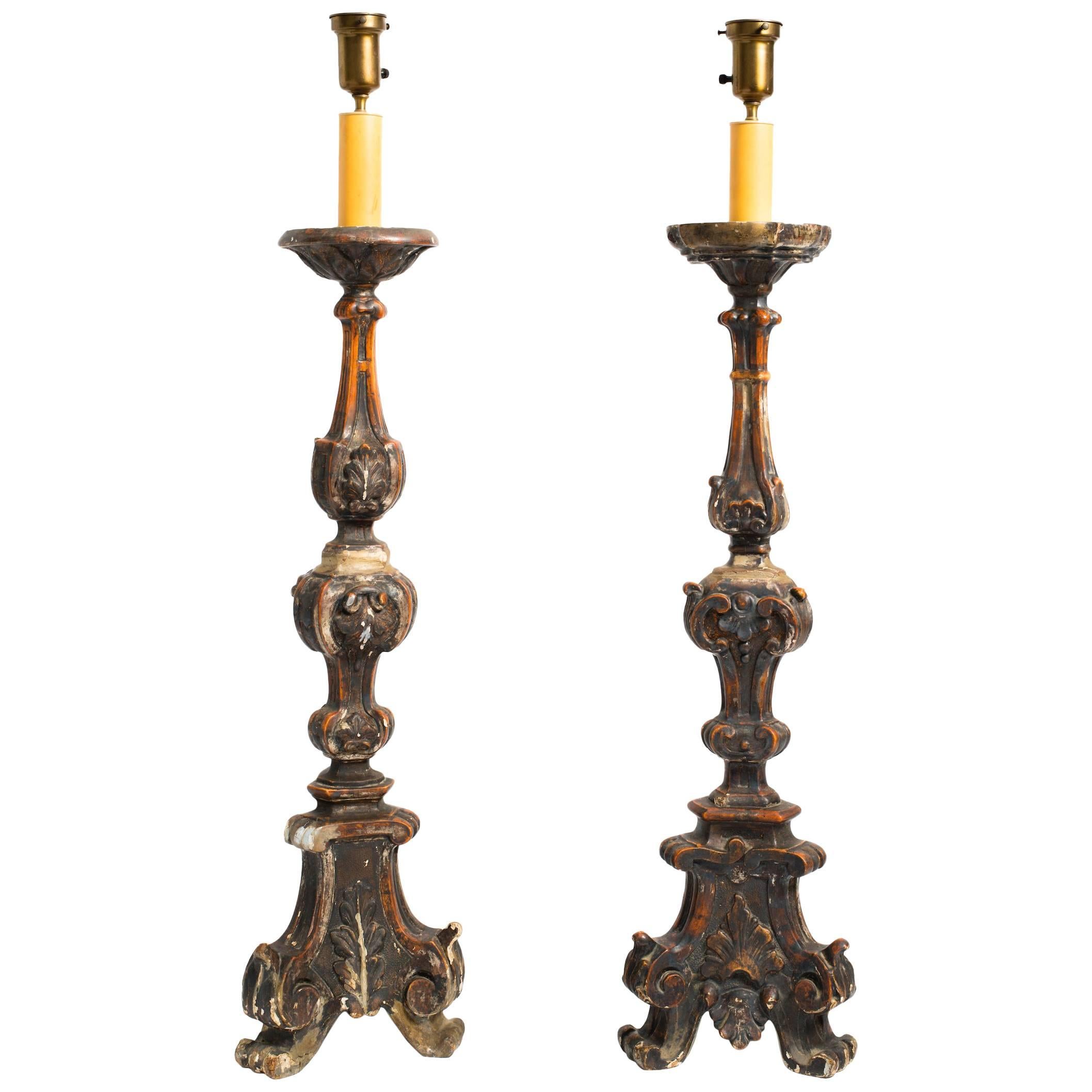 Two Italian Carved Wood Tall Candlestick Lamps