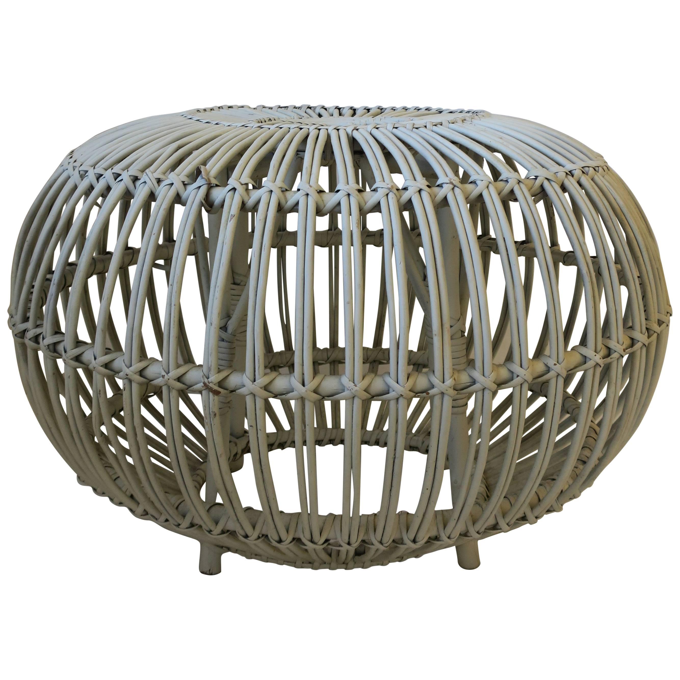 Midcentury Round White Rattan Stool or Side Table by Franco Albini