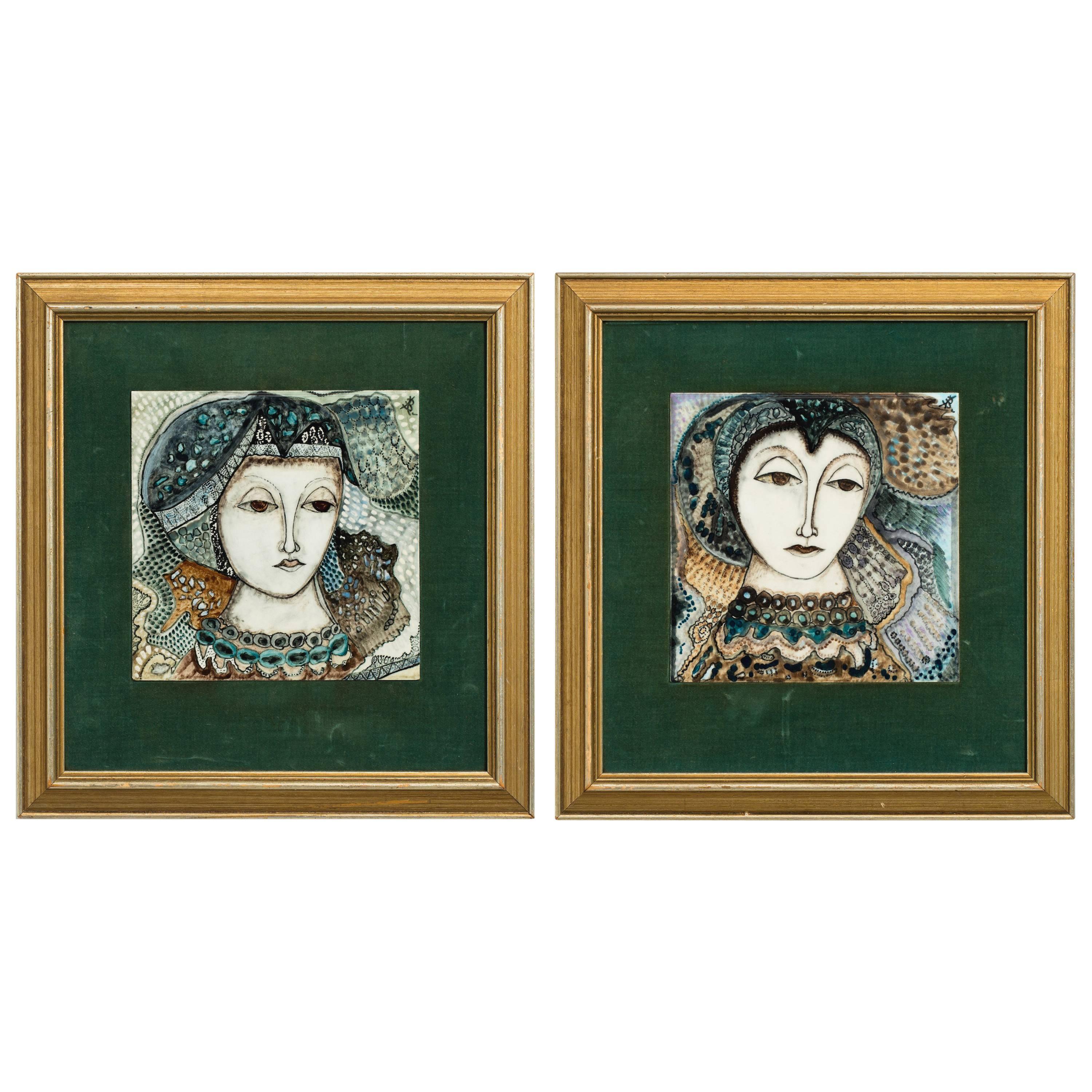 Pair of Italian Hand-Painted Framed Tiles
