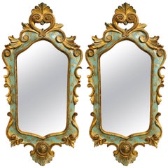 Pair of Italian Painted Carved Wood Mirrors with Brass Caps