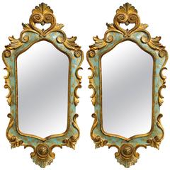Pair of Italian Painted Carved Wood Mirrors with Brass Caps 1