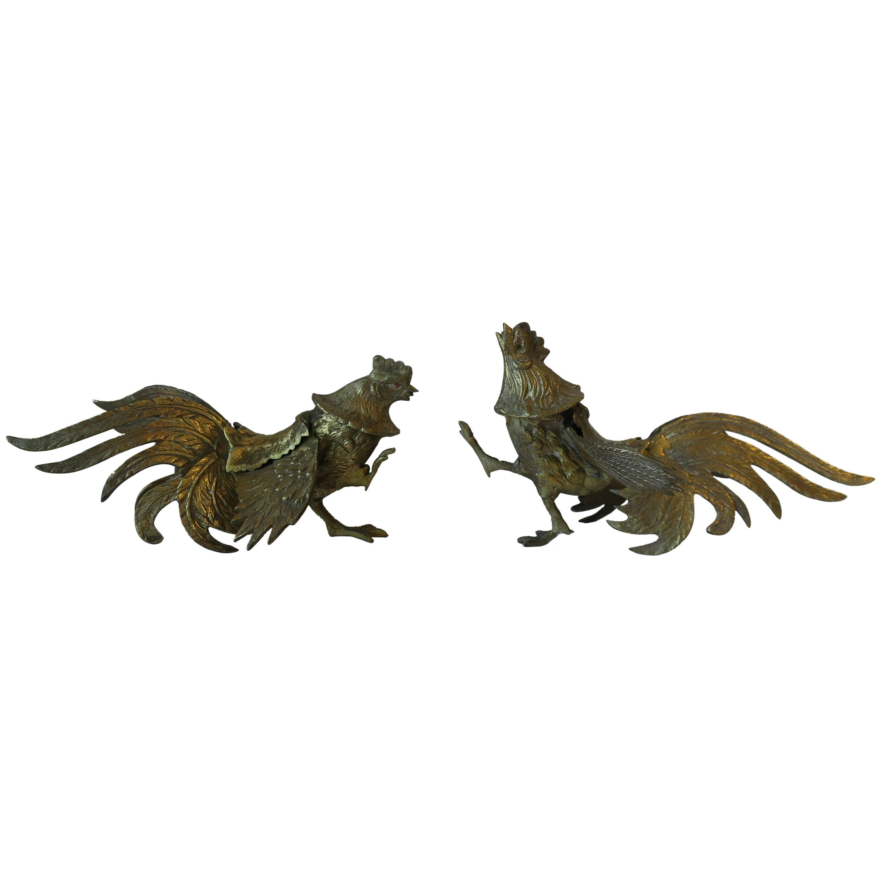 Pair of Mid-Century Brass Rooster Cock Birds, 1960s