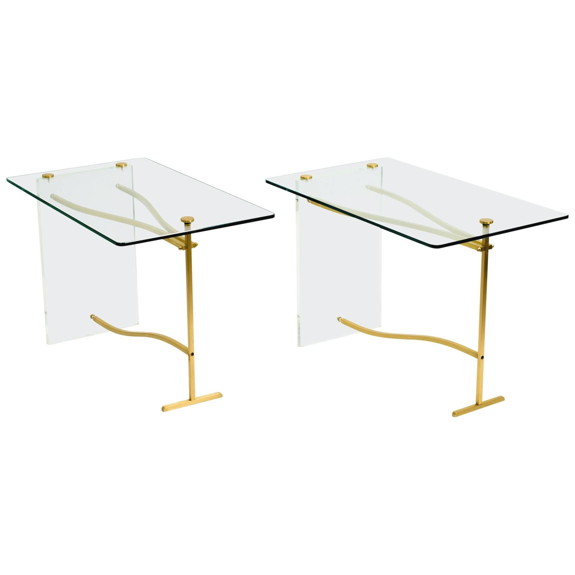 Lucite and Brass Glass Top Side Tables