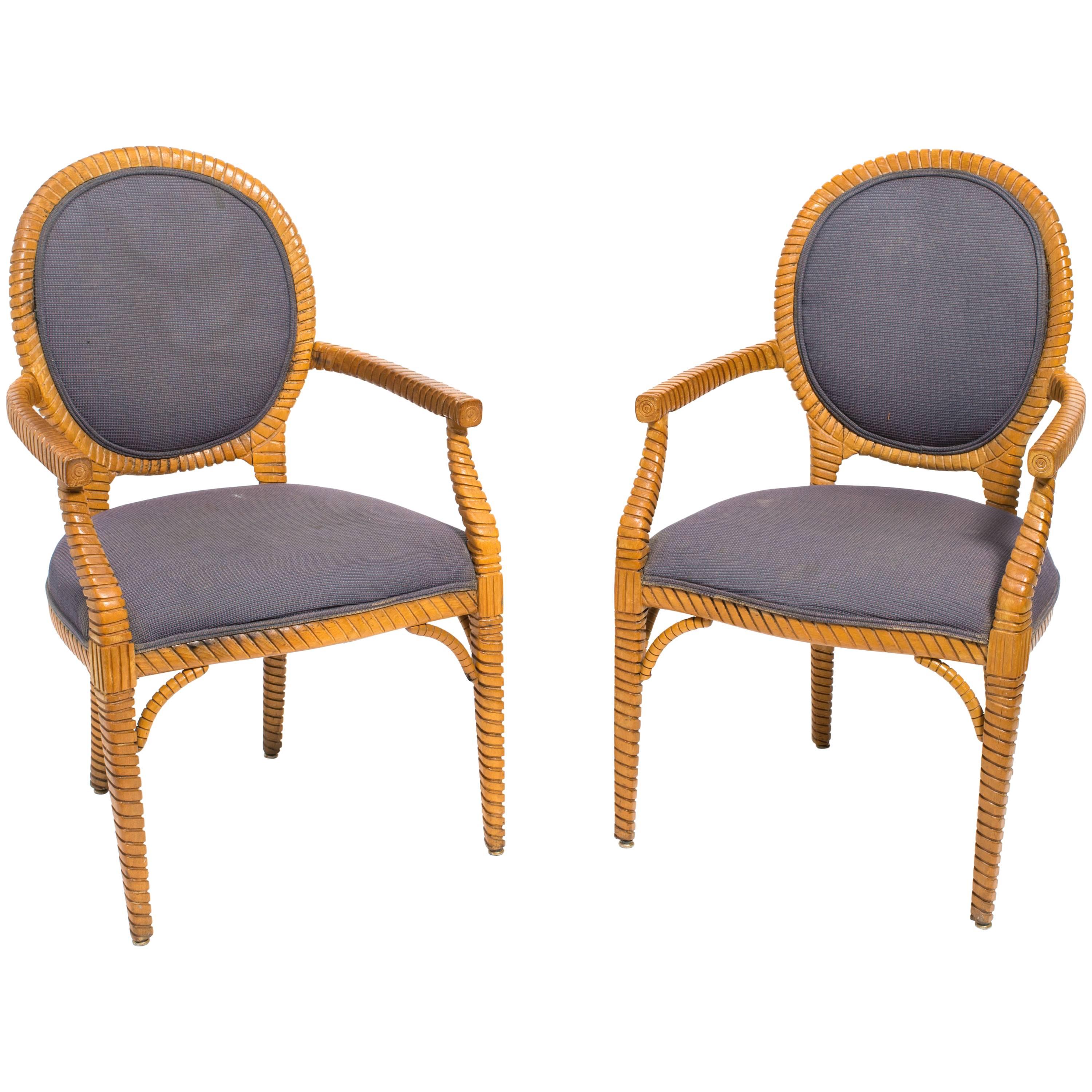 Pair of Carved Wood Upholstered Armchairs For Sale