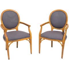 Pair of Carved Wood Upholstered Armchairs 1