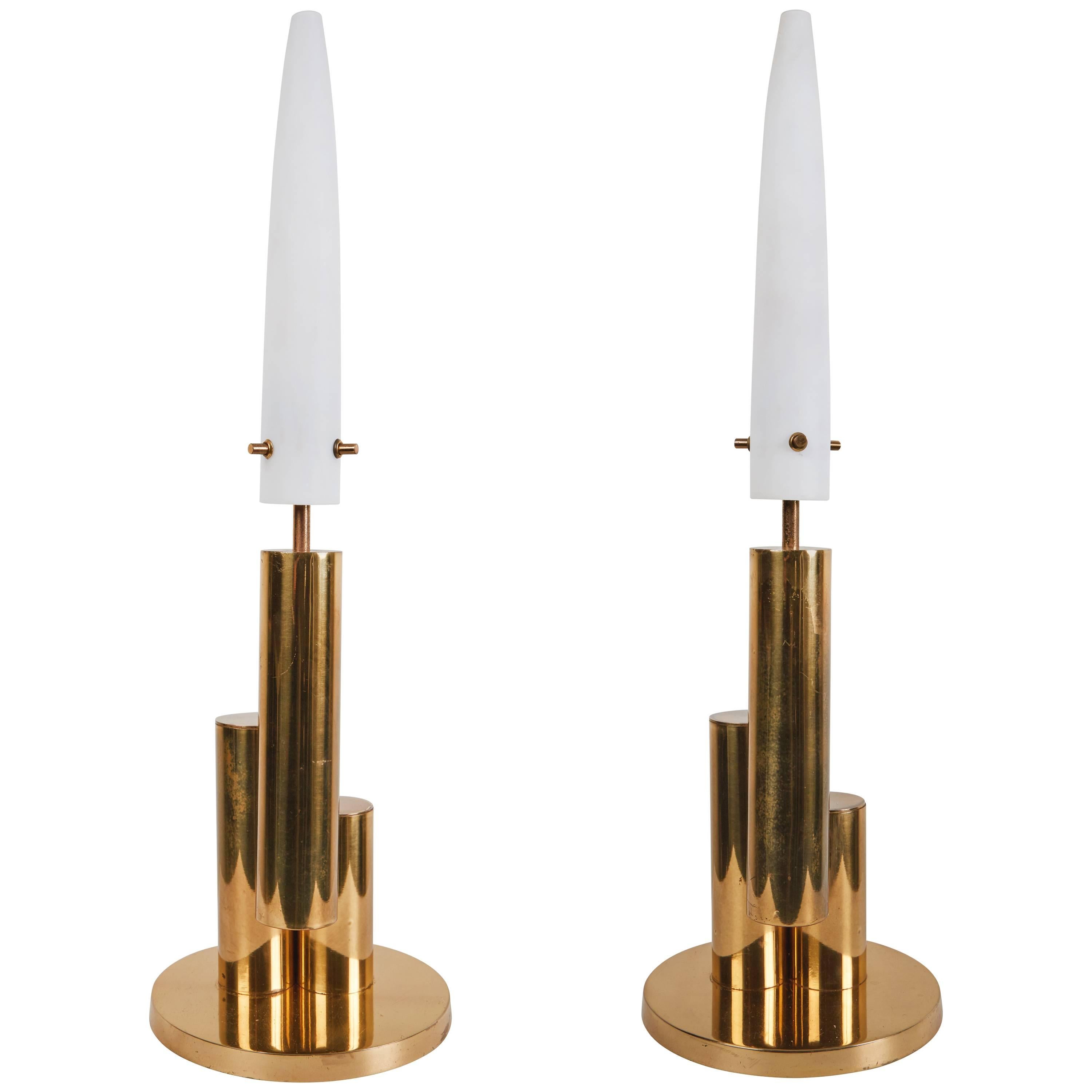 Pair of Brass and Satin Glass Italian Table Lamps