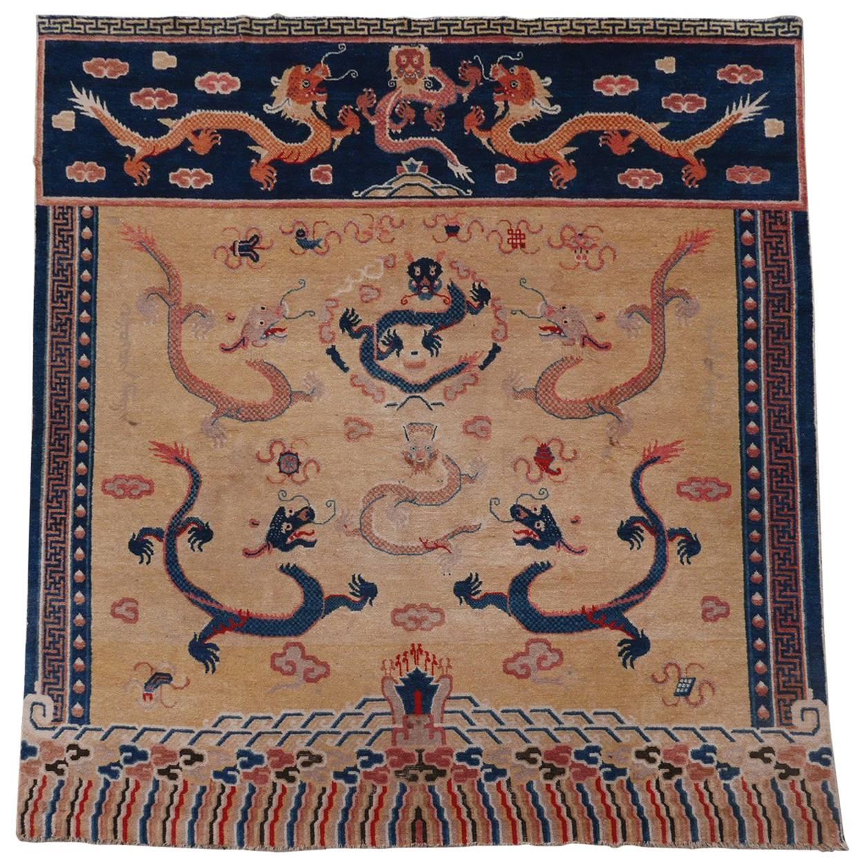 Rare Antique Imperial or Monastic Ningxia Nine Dragon Banner Rug For Sale