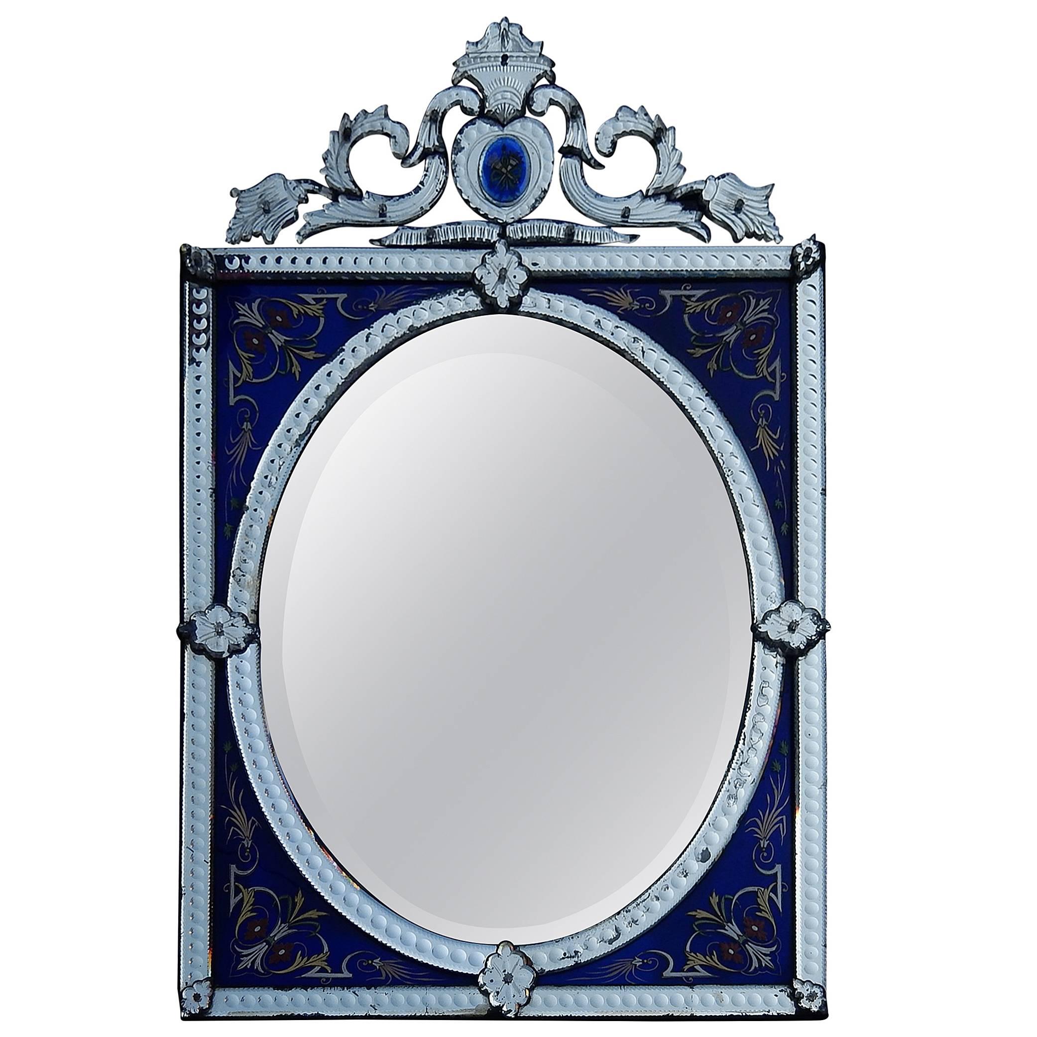 1880-1900 Venetian Mirror with Pediment Blue Glass Adorned with Flowers For Sale