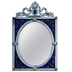 1880-1900 Venetian Mirror with Pediment Blue Glass Adorned with Flowers