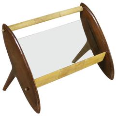 Magazine Rack Stained Beech Parchment Covering Glass Vintage, Italy, 1950s