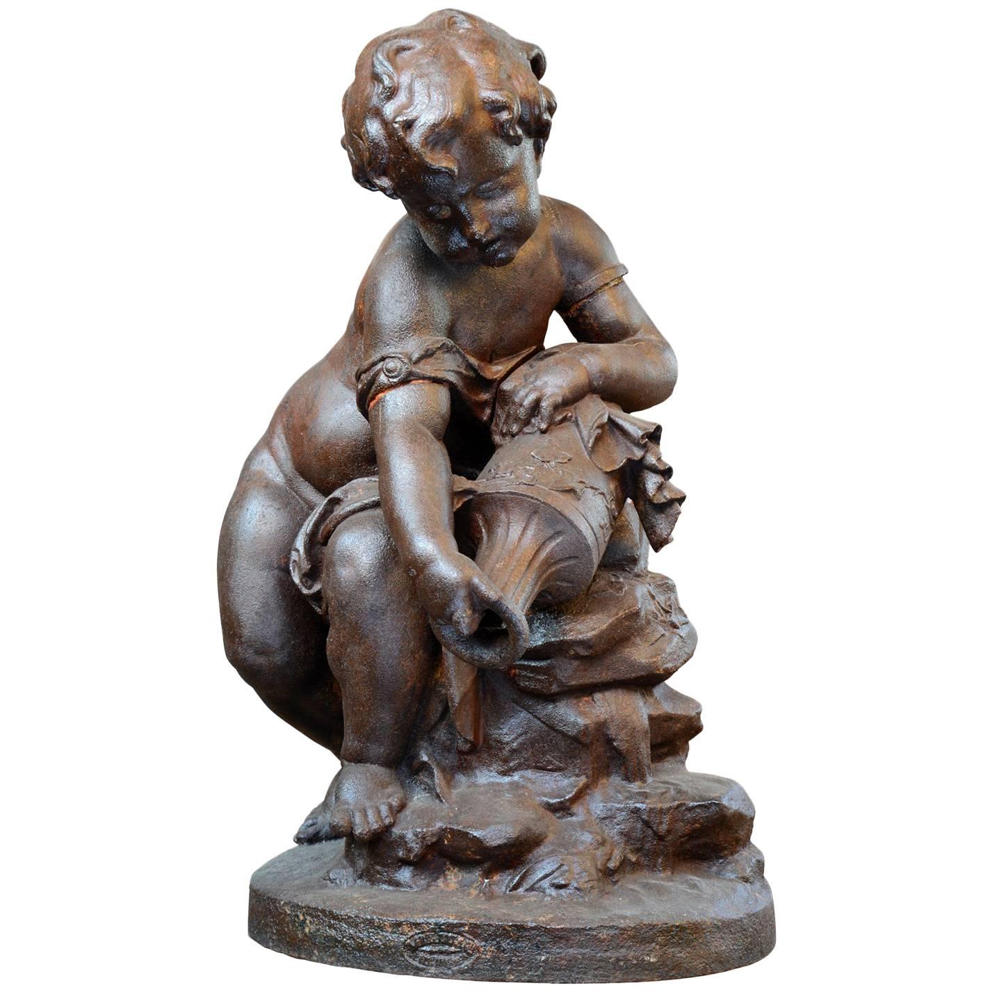 Cast Iron Fountain Center "Putto Holding an Urn", 19th Century For Sale