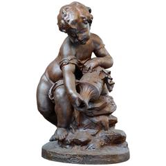 Antique Cast Iron Fountain Center "Putto Holding an Urn", 19th Century