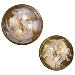 Complementary Pair Murano Glass and Brass Large Flush Lights, Hillebrand, German