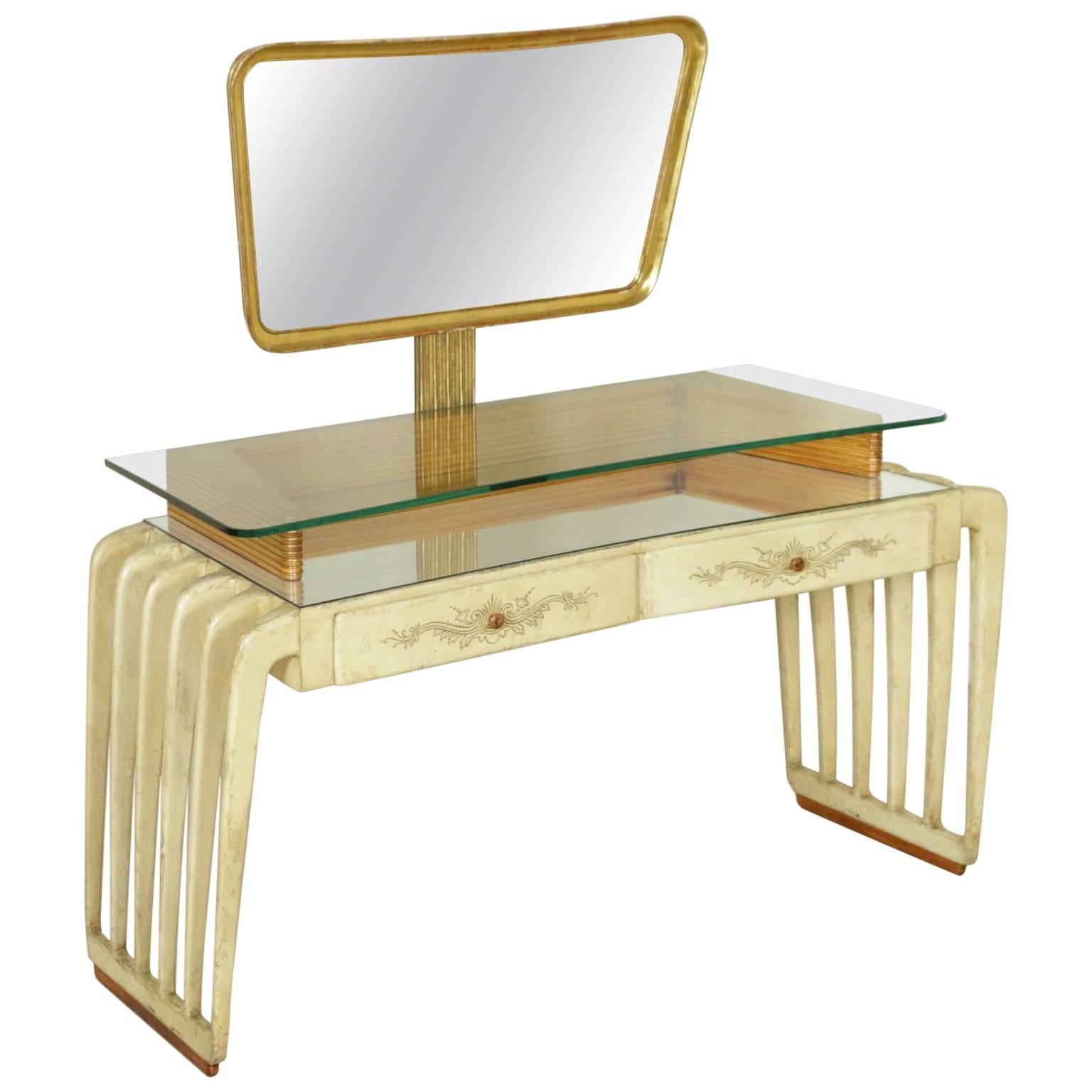 Elegant Dressing Table with Mirror Wood Parchment Glass Vintage Italy, 1950s