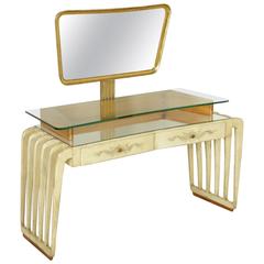 Elegant Dressing Table with Mirror Wood Parchment Glass Vintage Italy, 1950s