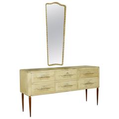Chest of Drawers with Mirror Wood Parchment Brass Vintage Italy, 1950s