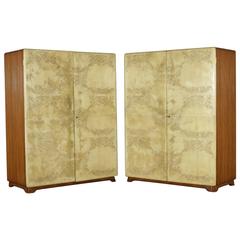 Two Wardrobes Mahogany Parchment Paper Vintage Italy, 1950s