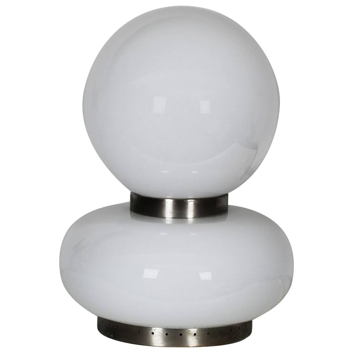 Large Mid-Century Modern Table Lamp, White Opaline, Chrome-Plated Brass - Italy 