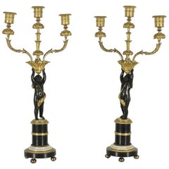 Pair of Louis XVI, 18th Century French Bronze and Marble Candlesticks