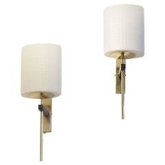 French Mid-Century Design 2x Maison Arlus Brass and Glass Wall Sconces Lamps