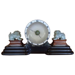 Art Deco Table Clock with Chinese Jade Dogs by Guebelin Lucern Various Marbles