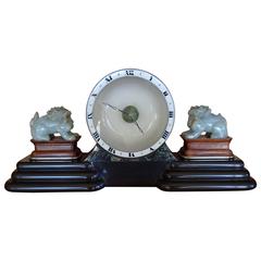 Art Deco Table Clock with Chinese Jade Dogs by Guebelin Lucern Various Marbles 8
