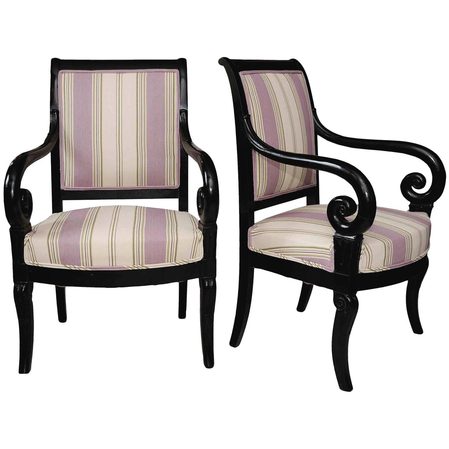 Pair of French 19th Century Empire Period Ebonized Open Armchairs, circa 1820 For Sale