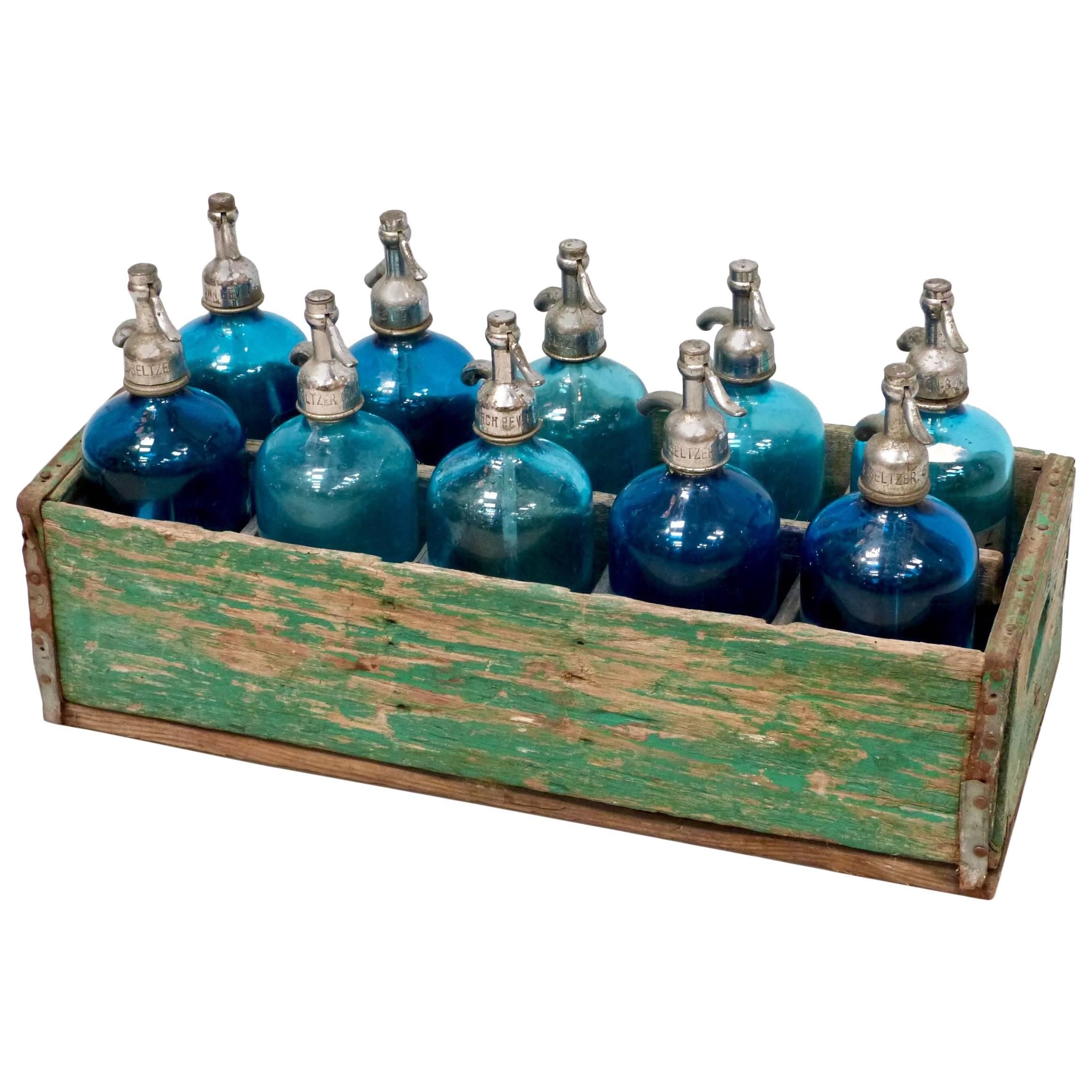 20th Century Collection of Ten Antique Blue Siphon Bottles For Sale