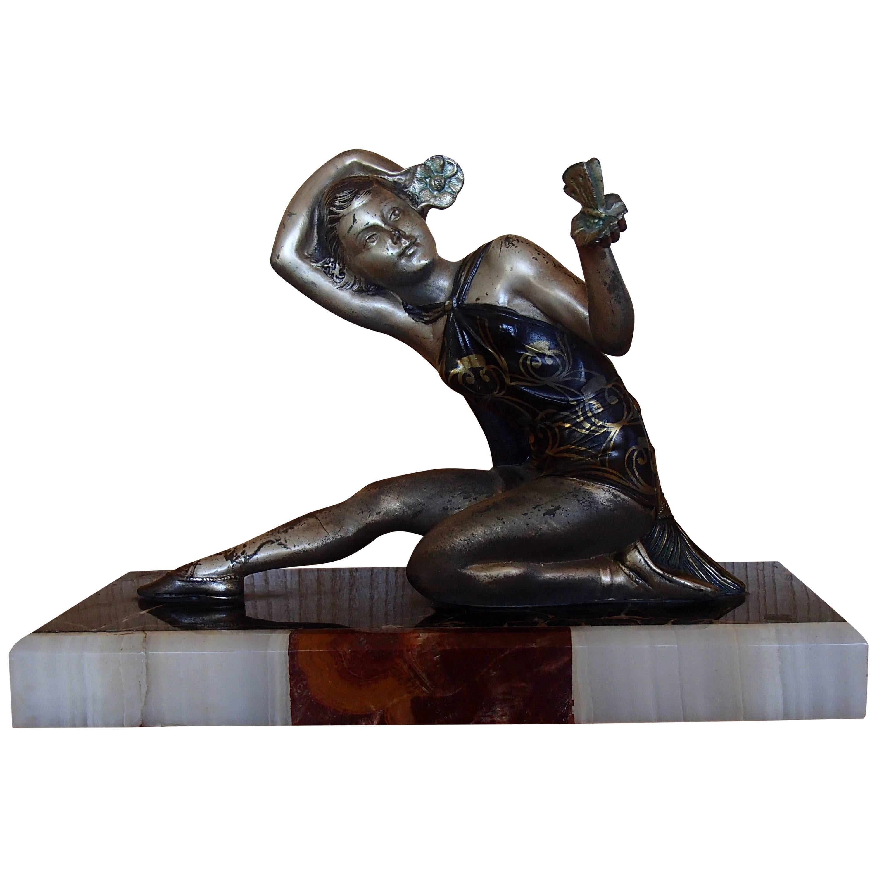 Art Deco Figurine Dancer Bronze on Marble For Sale