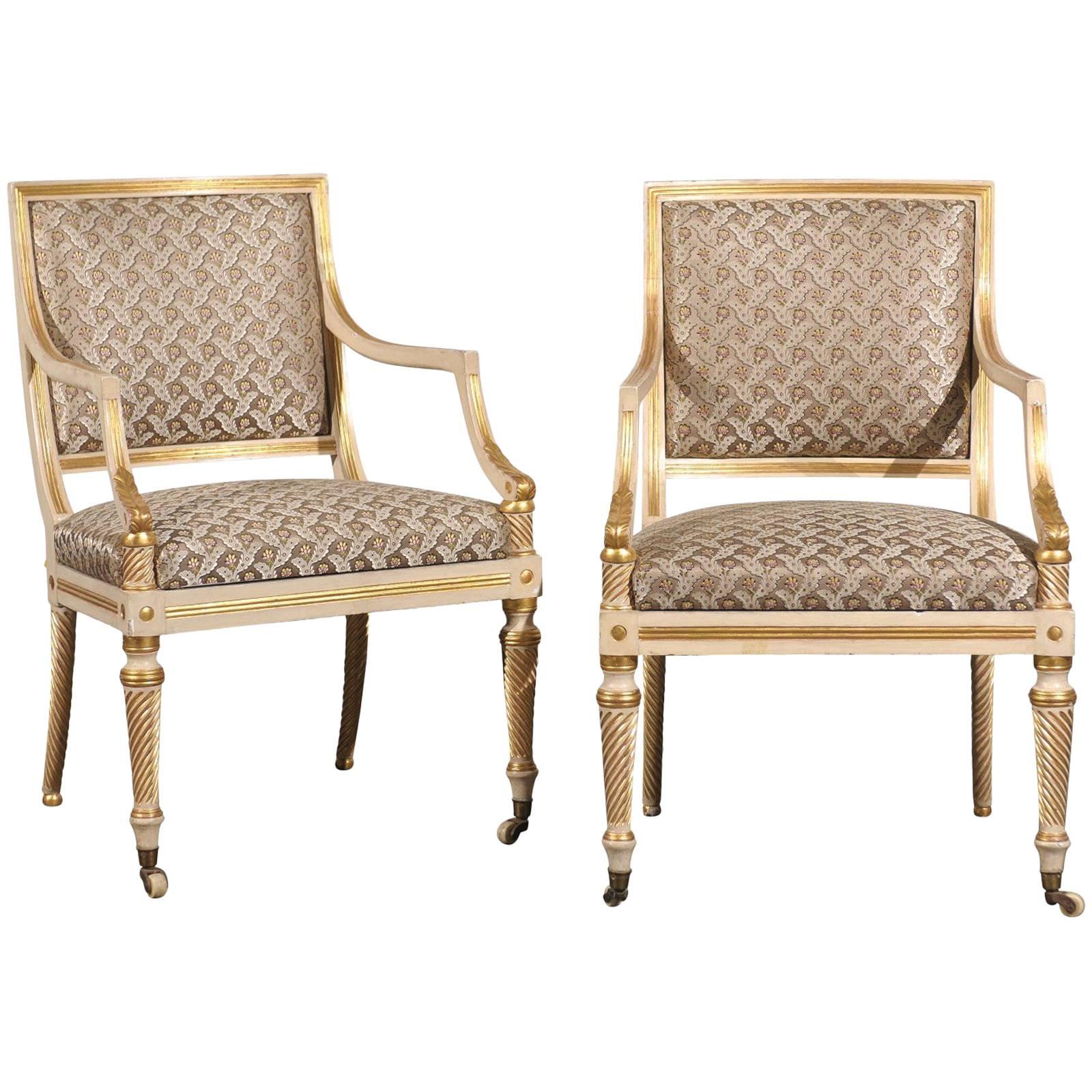 Pair of 19th Century Regency Style Painted & Giltwood Arm Chairs