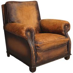French Cognac Leather Club Chair, 1940s