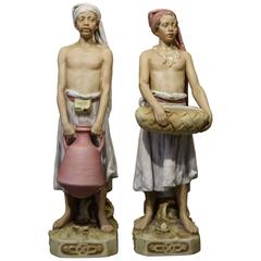 Pair of Royal Dux Bisque Porcelain with Oriental Figures, circa 1900-1910 4