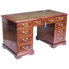 Antique Victorian Inlaid Mahogany Pedestal Desk, circa 1880