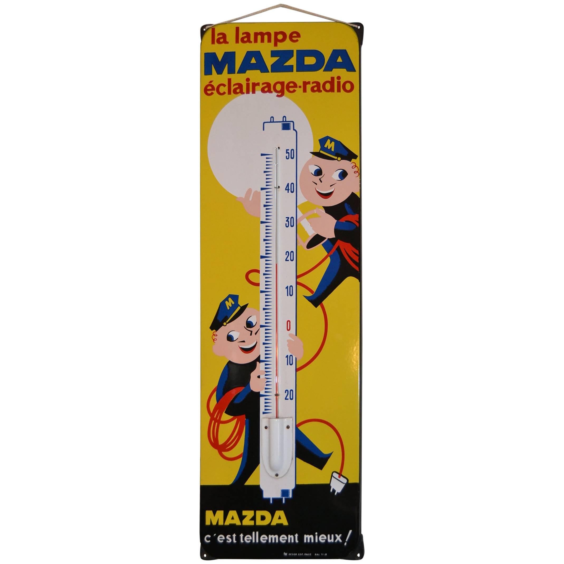 1950s French Enamel Sign Mazda Lamps with Thermometer