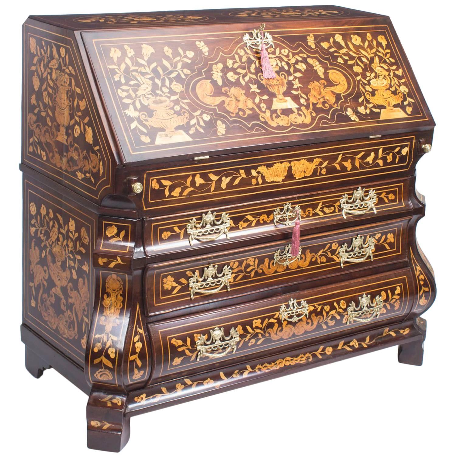 Antique Dutch Marquetry Walnut Bombe
 Bureau, circa 1780